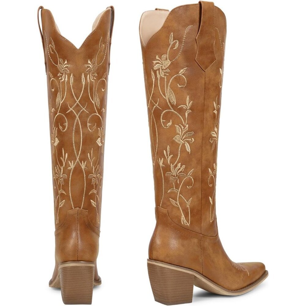 Women's Brown Cowboy Boots Knee High Cowgirl Boots With Pointed Toe Chunky Heel - Picture 6 of 6